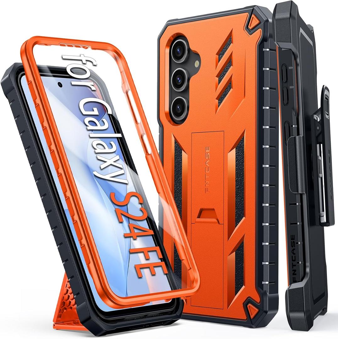 FNTCASE for Samsung Galaxy S24-FE Case: Military Grade Rugged Cell Phone Cover with Kickstand & Holster | Shockproof TPU Protection Bumper Matte Textured Design for Galaxy S24 FE Case 6.7inch - Orange