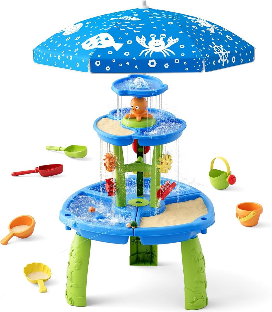 HYES Water Table for Toddlers 3-5, 3-Tier 6 Zones Water Sand Table with Umbrella, Rain Showers Splash Pond Toys for Outdoor Beach Backyard Summer, Kids Activity Sensory Playset for Boys Girls, Blue