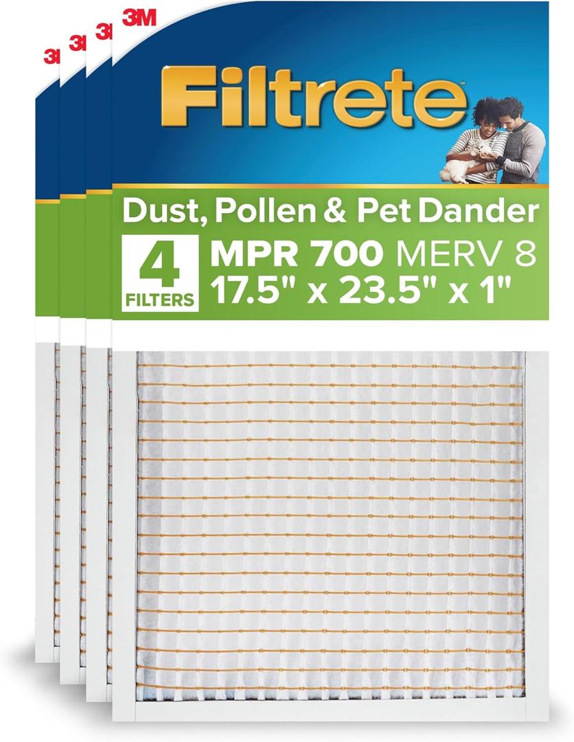 Filtrete 17.5x23.5x1 AC Furnace Air Filter, MPR 700, MERV 8, Tough on Pollen, Easy on Airflow, 3-Month Pleated 1-Inch Electrostatic Air Cleaning Filter, 4-Pack (Actual Size 17.19 x 23.19 x 0.81 in)
