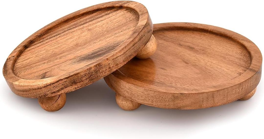 Display Stand Acacia Wood Round Wooden Display Stand Tray for Display Farmhouse for Kitchen or Bathroom Counter (6" X 6" X 1.5") (Set of 2)