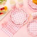 350 Pcs Pink Gingham Plates and Napkins Party Supplies - Pink and White Checkered Plates Sets Serve 50 Guests - Scalloped Gingham Paper Plate for Birthday Wedding Picnic Mother's Day Party Decorations