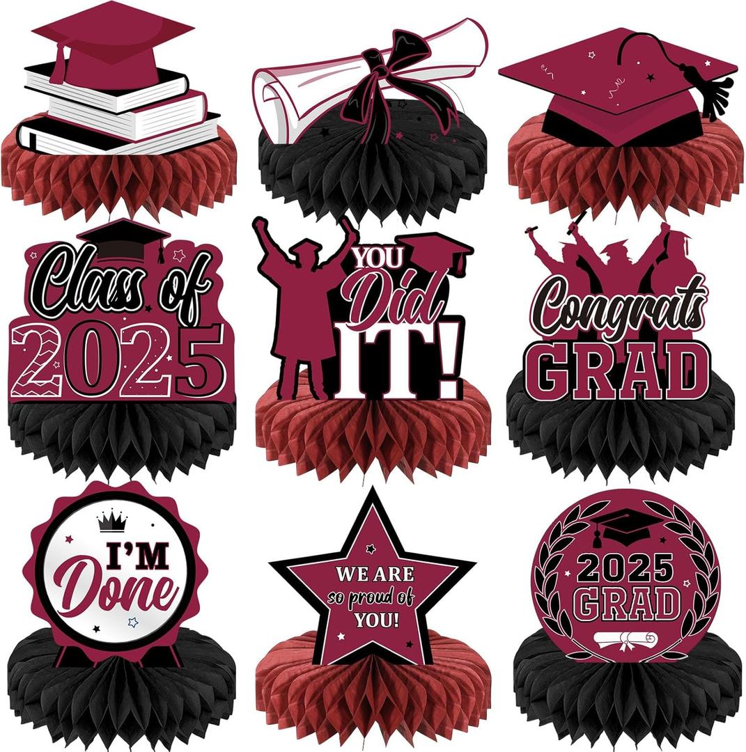 Yisong 9 Pieces 2025 Graduation Party Table Decorations Class of 2025 Congrats Graduation Centerpieces for Tables Congratulate Honeycomb Centerpiece Topper for Grad Party Supplies(Maroon)