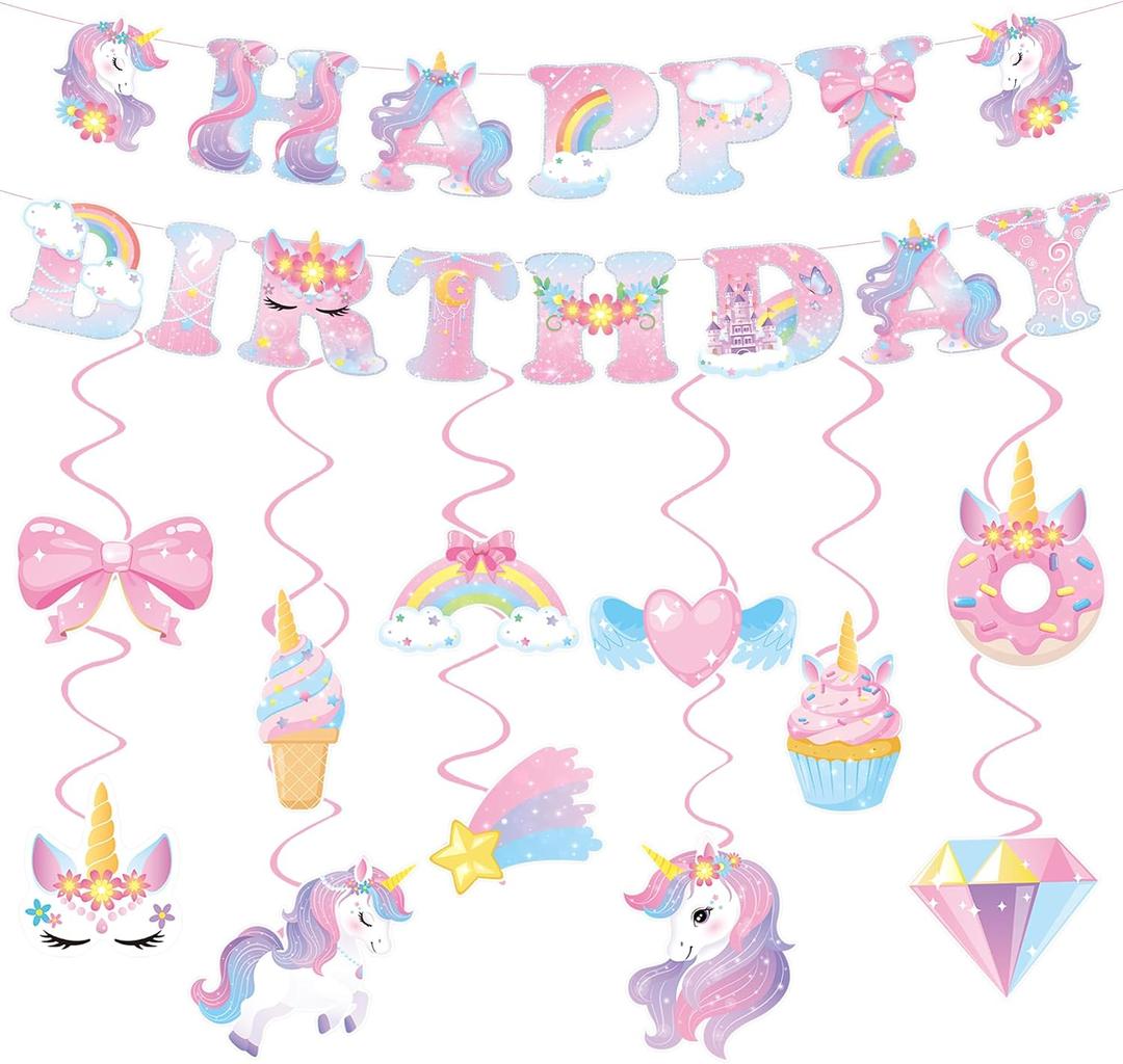 Unicorn Birthday Decorations for Girls, Unicorn Party Supplies with Unicorns Rainbow Happy Birthday Banner & Hanging Swirls, Magical Unicorns Themed Decoration for Baby Shower Girls Birthday Party