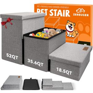 Dog Stairs with Storage 18" H, 3-Step Wider Dog Steps for Large/Medium/Small Older Dogs Cats, Folding Sturdy Pet Stairs Climbing Bed or Couch, Ramp for Car Up to 200 lbs (Gray, No Condo)