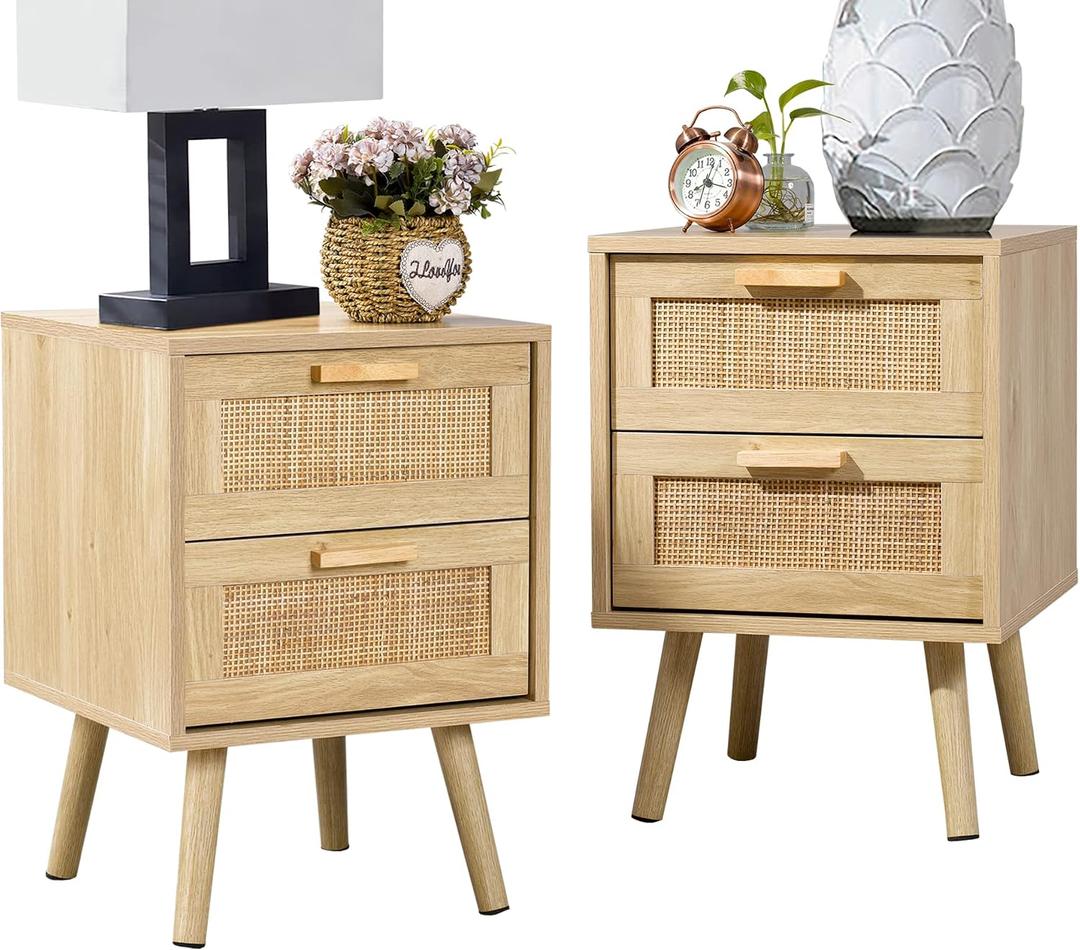 Finnhomy Nightstands Set of 2, Night Stands Set 2 with Hand Made Rattan Decorated Drawers, Nightstand, End Table, Bedside Tables Set of 2 for Bedroom, Natural, 2 Pack