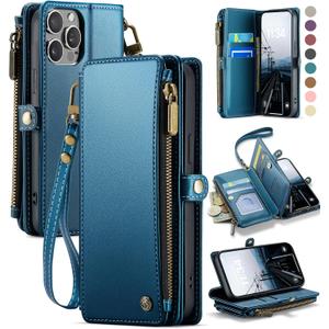 Defencase Compatible with iPhone 14 Pro Case Wallet with RFID Blocking Card Holder for Women Men, PU Leather Magnetic Snap Flip Zipper Strap Wallet Phone Case Fit for iPhone 14 Pro 6.1", Dark Blue