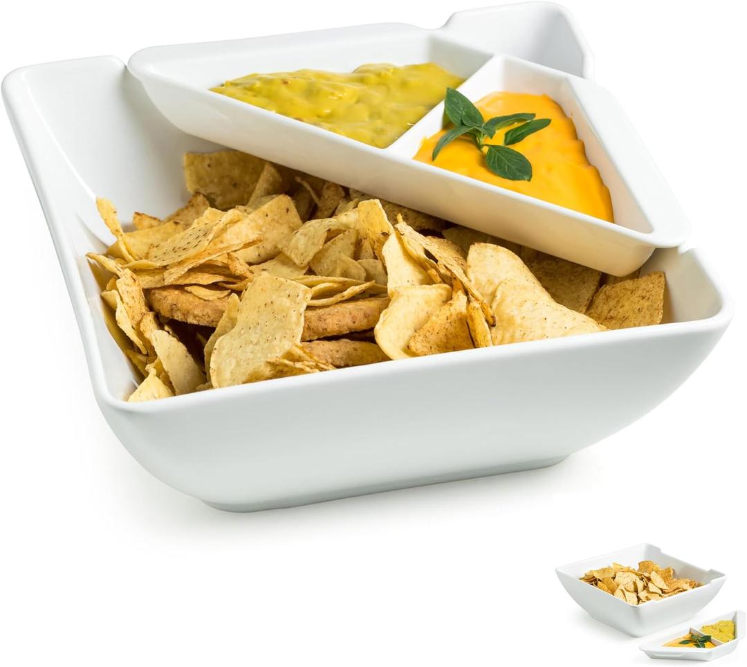 Gomakren Chips and Dip Serving Dish, White Serving Bowl, 2.8 Quart Large Serving Bowl for Entertaining, Square Mixing Bowl Salad Bowl, Porcelain Serving Dish with Dipping Sauce Tray