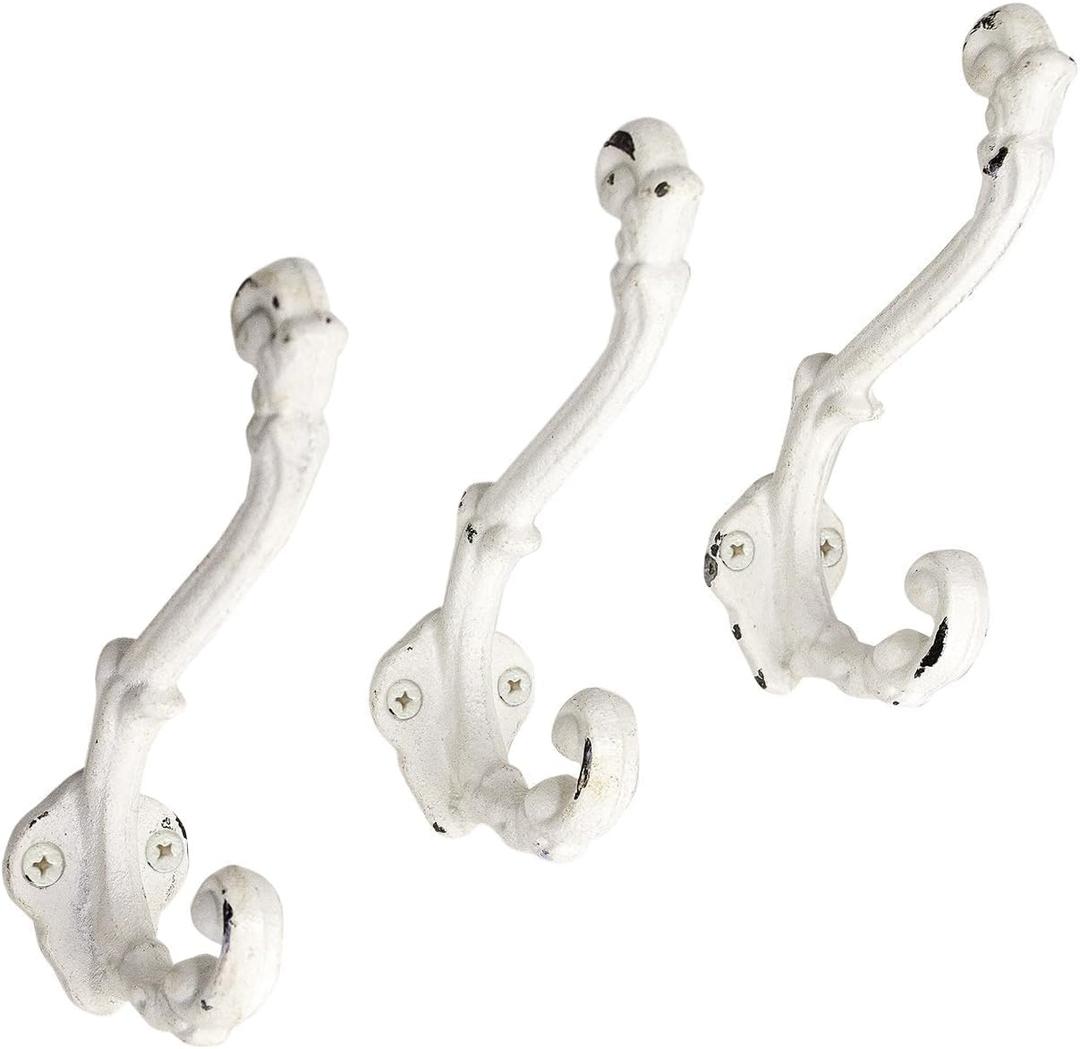 The Metal Magician Wall Mounted Antique Cast Iron Vintage Style Wall Hooks for Coats, Bags, Towels, Hats - (Set of 3) Distressed White