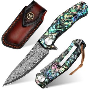 Benkey Damascus Pocket Knife with Clip Leather Sheath Sharp VG10 Core Folding Knife, EDC with Liner Lock Unique Abalone Seashells Handle for Outdoor Survival Camping Collection
