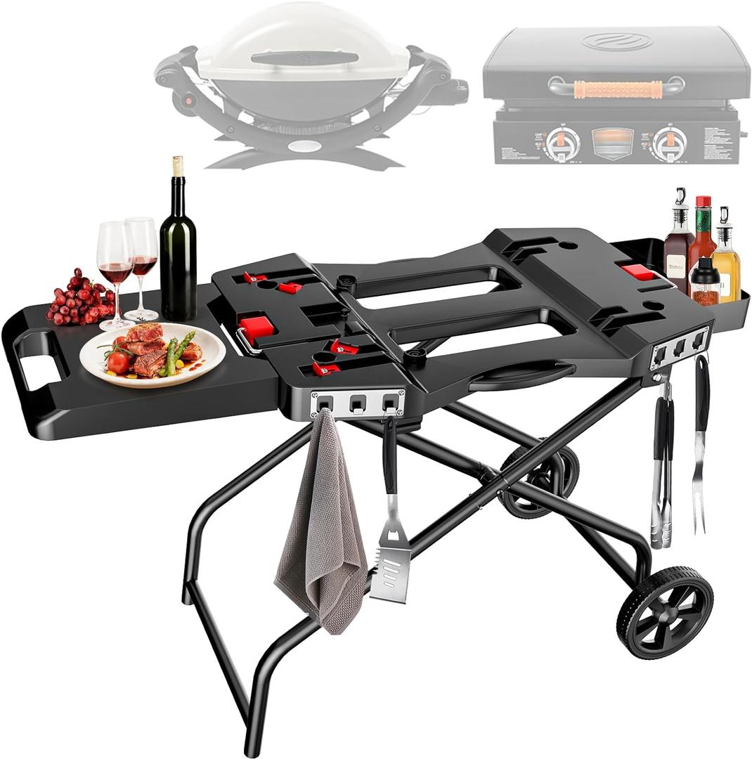 Hisencn Grill Stand for Weber Q1200, Q1000, Q2200, Q2400 Portable Grill Cart for Blackstone 17"& 22" Table Top Griddles, Outdoor BBQ Stand for Weber Q Series Gas Grills, for Travel and Camping