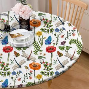 Round Tablecloth Fitted Elastic Edge Patio Table Covers Wrinkle Resistant Polyester Table Cloth for Picnic Camping Indoor and Outdoor，Dragonflies Butterflies Flowers 45"-56", Size: 56" (Round)