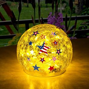 FRAMICS 4th of July Decoration 4" Independence Day Star Globe Lamp with Timer Patriotic Star Crackle Glass Ball Memorial Day Lighted Decorative Ball Lamp Tabletop LED Light Decor Gift (4"(1 PCS))
