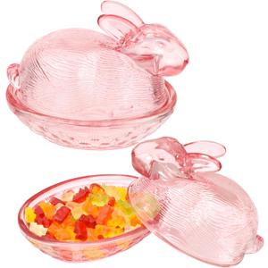 CIEOVO 2 Pieces Easter Pink Glass Candy Dish with Lid Covered Candy Jar Cookie Storage Container for Easter Holiday Office Kitchen Food Storage Home Table Desk Decorations, one size