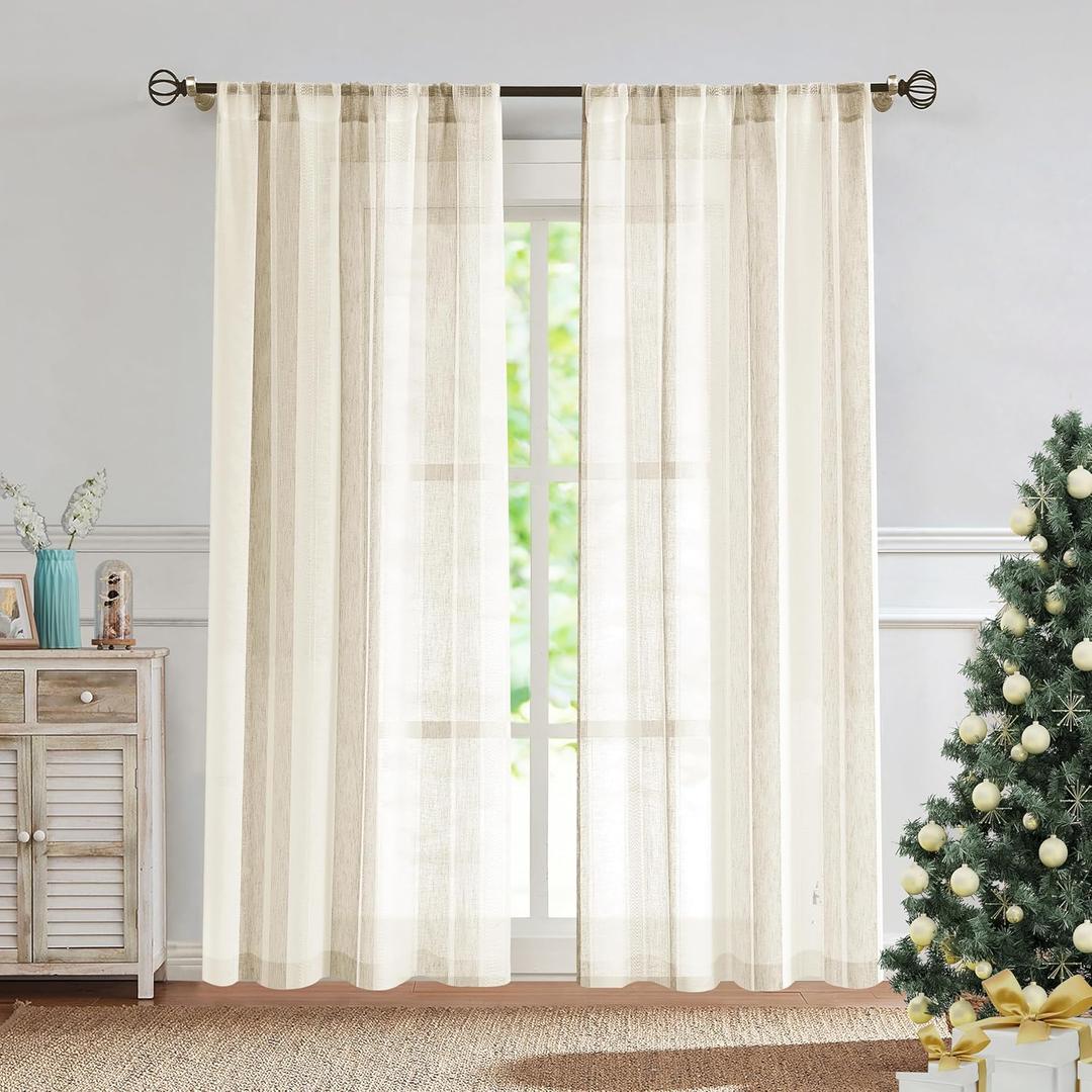 Central Park Beige and White Stripe Sheer Curtains Boucle Linen Farmhouse Rustic Window Curtain Panel Yarn Dyed Woven 84 Inches Long for Living Room Bedroom with Rod Pocket, 40" W x 84" L (Pack of 2)