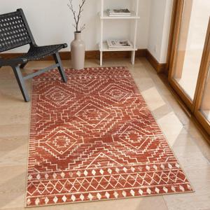 Wonnitar Moroccan Washable Area Rug, 3x5 Non-Slip Rugs for Living Room, Geometric Tribal Kitchen Entry Throw Mat, Soft Low Pile Non-Shedding Carpet for Bedroom Apartment Dorm (Brown,3'x5')