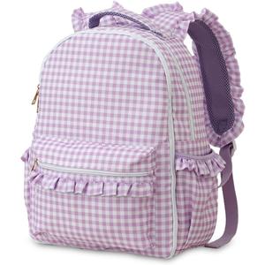 DYSHAYEN Kids Backpack for Girls, 15" Ruffled Backpack for School Kindergarten Bookbag 5-8, Fully Opened Compartment (Purple Gingham)