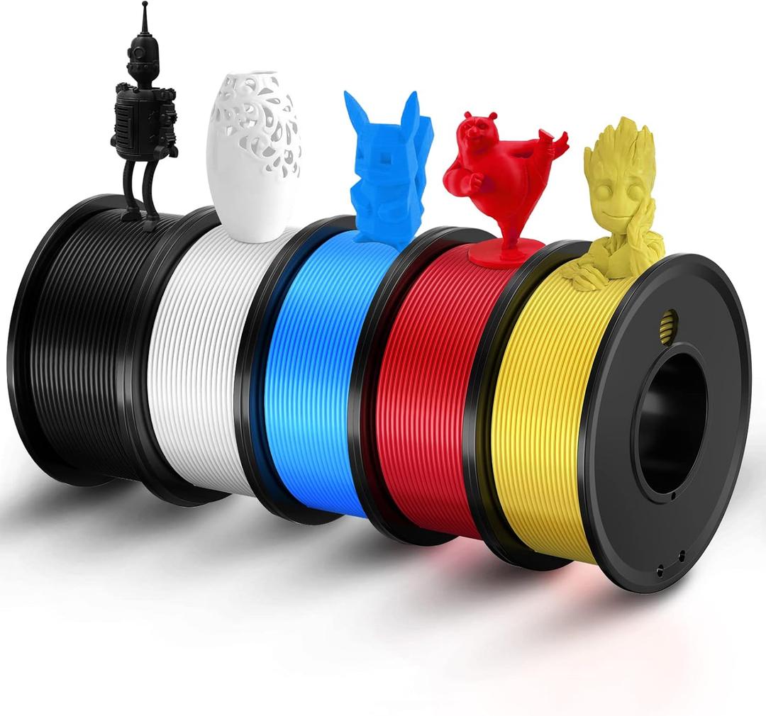 3D Printer Filament PLA 1.75mm 3-D Printing Materials 5 Colors Bundle Print Filimate 1.75 mm White Black Red Blue Yellow Filiment1.75 Accuracy 0.02mm Fillament Spool Vacuum Pack 250G X 5 Roll
