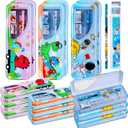 24 Sets Operation Christmas Items Bulk Tin Metal Pencil Box Cases School Stationery Set Including Dinosaur Eraser Ruler Sharpeners for Student Classroom Rewards Charity