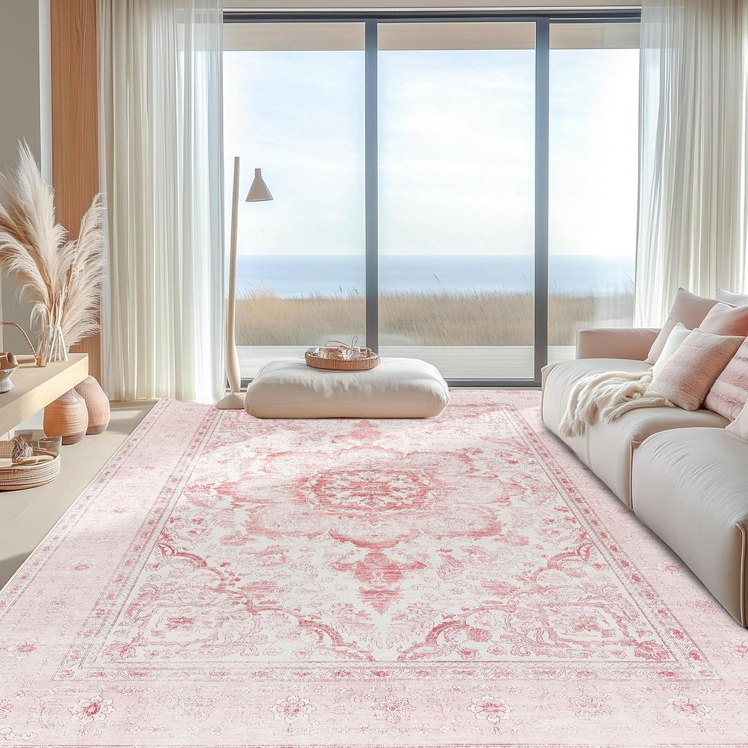 6x9 Machine Washable Bedroom Area Rugs for Living Room Low Pile Vintage Rug, Non-Slip Non-Shed Floral Print Floor Carpet for Dining Room Home Decor (Pink,6x9ft)