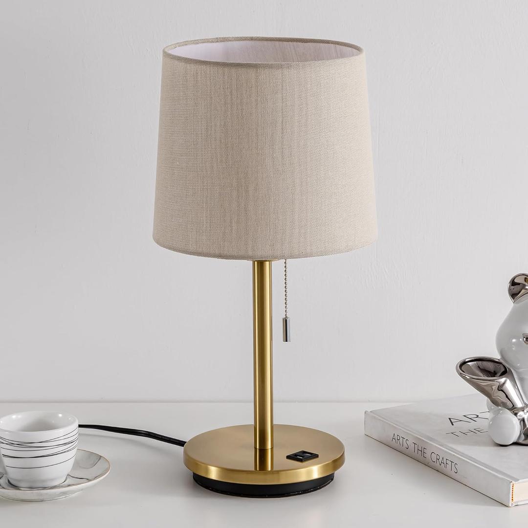 Modern Table Lamp for Bedroom, Desk Lamp with USB Port, Fabric Shade 3 Brightness Levels Nightstand Lamps for Living Room, Bedside, Study Room, Dorm, Office, LED Bulb Included (Gold+Apricot)
