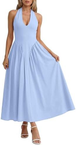 Zelroxa Women Halter V Neck Maxi Dress Sleeveless Drop Waist Corset Formal Sexy Flowy Aline Beach Wedding Guest Long Sundress, Size S