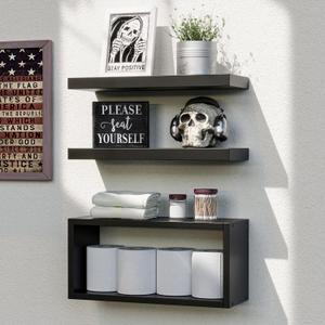 RICHER HOUSE Black Floating Shelves Set of 3, Rustic Wall Mounted Shelves with Invisible Brackets Over Toilet for Bathroom, Bedroom, Living Room, Kitchen (2+1)