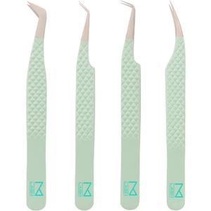 M LASH Eyelash Extension Tweezers (Set of 4) - Professional & Precision Lash Tweezers for Eyelash Extensions - Japanese Steel, Diamond Grip, Fiber Tip V5 (Green)