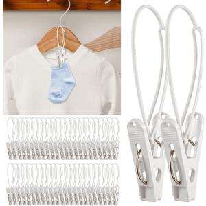 90 Pack Multi-Purpose Laundry Hooks Hanging Clips, Clothes Pins with Plastic Rope Hangers with Clips for Baby Clothes Pants Socks Towels Wardrobe & Kitchen Organization (White)