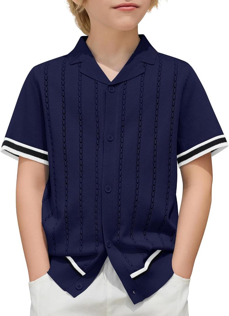 Arshiner Boys Knit Shirts Short Sleeve Button Down Shirt Vintage Fashion Casual Summer Beach Shirts for Kids 12-13 Years (Blue)