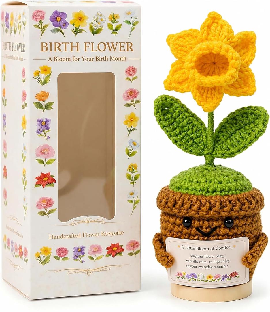 May Birth Flower Lily of the Valley Crochet Potted Plant Gift, Handmade Style with Wooden Base, Meaningful Birthday Desk Decor, Office Plant for Mom
