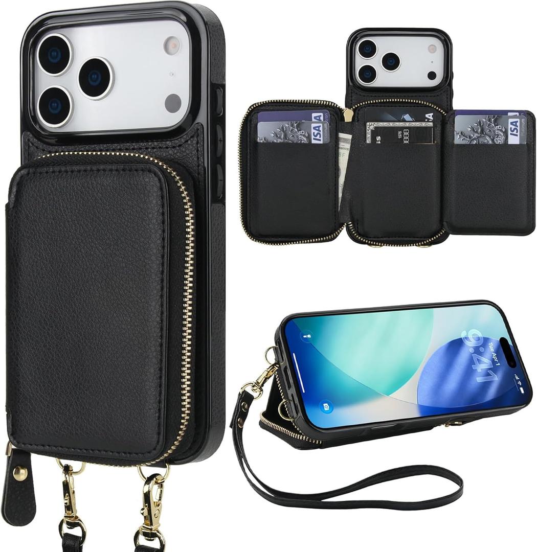 Bocasal RFID Blocking Wallet Case for iPhone 17 Pro Max, Adjustable Crossbody Zipper Purse Case Card Holder with Kickstand Detachable Wrist Strap, PU Leather Flip Folio Case 6.9 Inch 5G (Black)