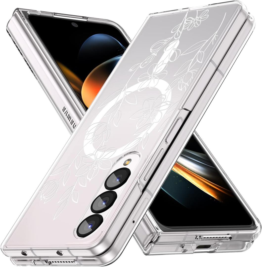 5 x Magnetic Case for Galaxy Z Fold 4, Clear Slim Anti-Yellow Hard PC Protective Soft TPU Bumper Shockproof Cute Case with Elegant White Floral Pattern (10-4)