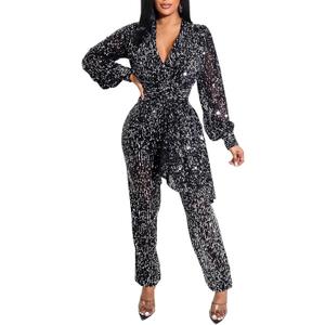 Women Sparkly Dressy Jumpsuit Deep V Neck Long Sleeve Clubwear Plus Size Wide Leg Long Pants Rompers (Large)