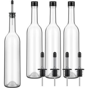 Maxdot 4 Pcs Long Neck Bottle with Pourer 750ml Glass Liquor Bottle juice Pour Bottles Syrup Bottles Glass for Home Wine Liquor Juice Making Wedding Anniversary Party (Stainless)