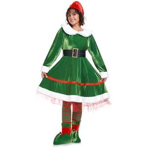 WeGuard Elf Costume for Women 5pcs Christmas Outfit Adult Santa Dress Plus Size with Hat Belt Shoes Cover Socks Xmas, Size XL