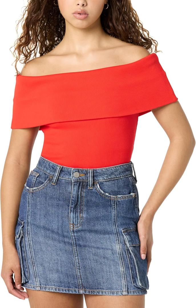 The Drop Women's Jan Off The Shoulder Knit Top (Red, XL)
