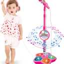 Kids Karaoke Microphone with Adjustable Stand,Standing Mic for Portable Singing, Retractable Headset for Music Sing-along,Flashing Stage Light Base for Aged 3-6 Boys Girls Pink