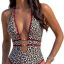 Monokinis One Piece Swimsuit Sexy Cutout High Cut Halter V Neck Bathing Suit for Women Beach Vacation Outfits (L)