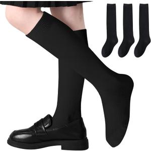 Girls Knee High Socks Seamless Boys School Uniform Socks Kids Knee High Stockings Long Tube Sock 3 Pairs (Black)