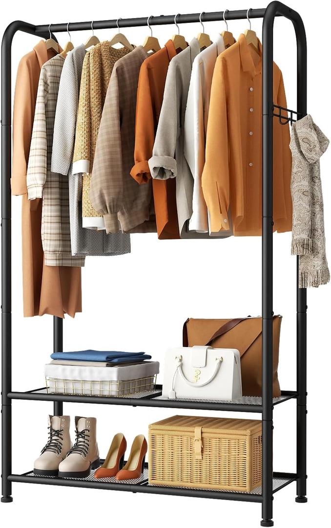 SINGAYE Clothing Racks For Hanging Clothes Rack Portable Closet Garment Coat Rack With Shelves Heavy Duty Hanger Stand Wardrobe Free Standing Closet (B1-11.5"D x 32"W x 72"H, Black)