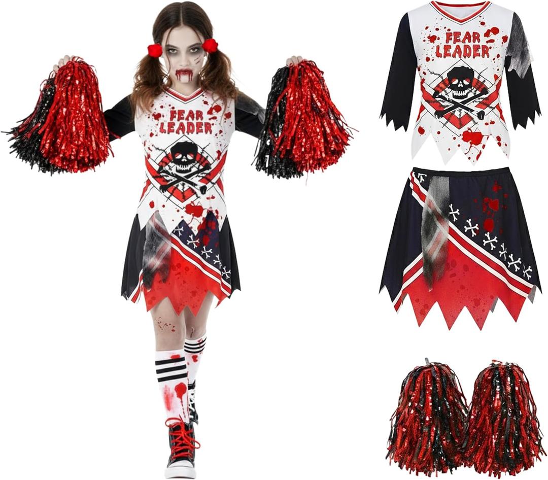 Morph Zombie Cheerleader Costume For Girls, Zombies Cheerleader Costume For Girls, Halloween Costumes For Kids (Small)
