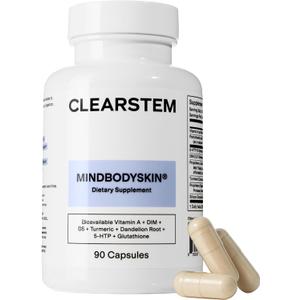 CLEARSTEM - MINDBODYSKIN Hormonal Acne Supplement (5-HTP) - Natural DIM Supplement - Skin Care Vitamins - Hormone Balance, Antioxidants - Gluten Free, Cruelty Free - 30 Servings, 90 Capsules