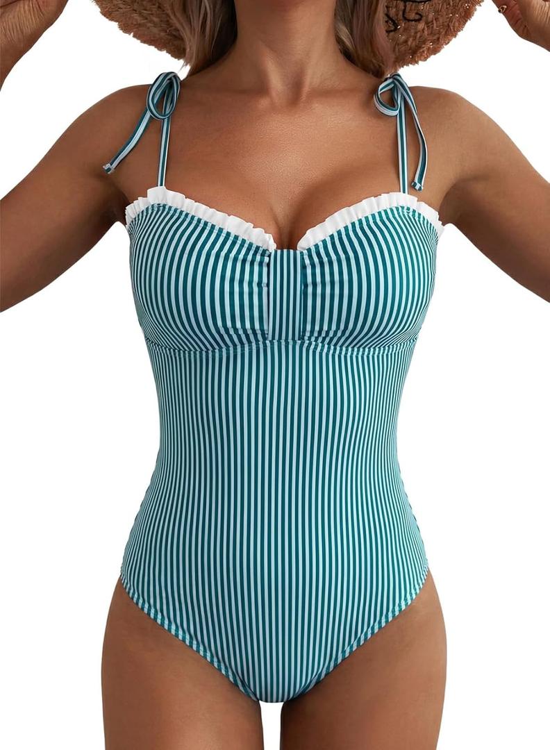 Herseas Womens Striped One Piece Swimsuits Tie Shoulder High Cut Tummy Control Bathing Suit 2026 Summer Beach Swimwear XL