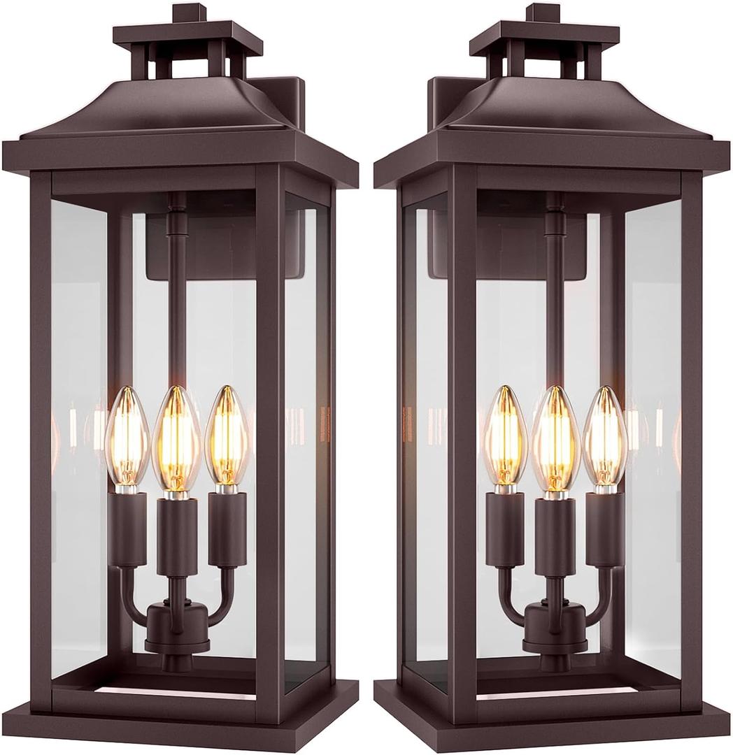 VenzBlomia 20" Oil Rubbed Bronze Outside Lighting for House 3-Light, 2 Pack Brown Large Vintage Outdoor Sconce Lights Porch Patio Lights Wall Mount, Waterproof Exterior Carriage Lamps, E12, 2-Pack/No Sensor