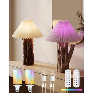 Lustaled Rechargeable Table Lamps Set of 2, 12RGB+3CCT Dimmable Cordless Desk Lamp with Remote/Nightlight/Timer, Battery Operated Rustic Wood Bedside Lamp for Bedroom, Living Room,Entryway,Cozy Corner