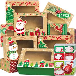 24 Christmas Cookie Boxes -Large Holiday Baked Food Container for Gift Giving with 160 Count Christmas Foil Gift Stickers (Kraft paper color (brown))