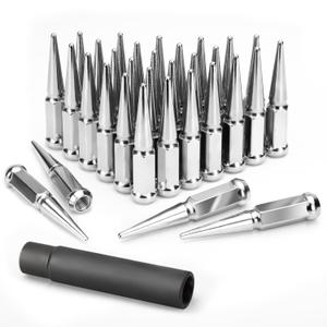 KSP F250 F350 Spike Lug Nuts 32pcs, 9/16-18" Chrome Spiked Lug Nut Compatible with Dodge Ram 2500 3500 1994-2011, 4.4" Height Bulge Acorn Alloy Steel Spikes Lug Nut with 1 Socket Key for 8x165.1 Rim