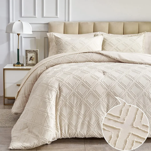 Set of 7 Tufted Bed in a Bag Queen Comforter Set with Sheets Beige, Soft and Embroidery Shabby Chic Boho Bohemian, Luxury Solid Color with Diamond Pattern, Jacquard Tufts Bedding Set for All Season