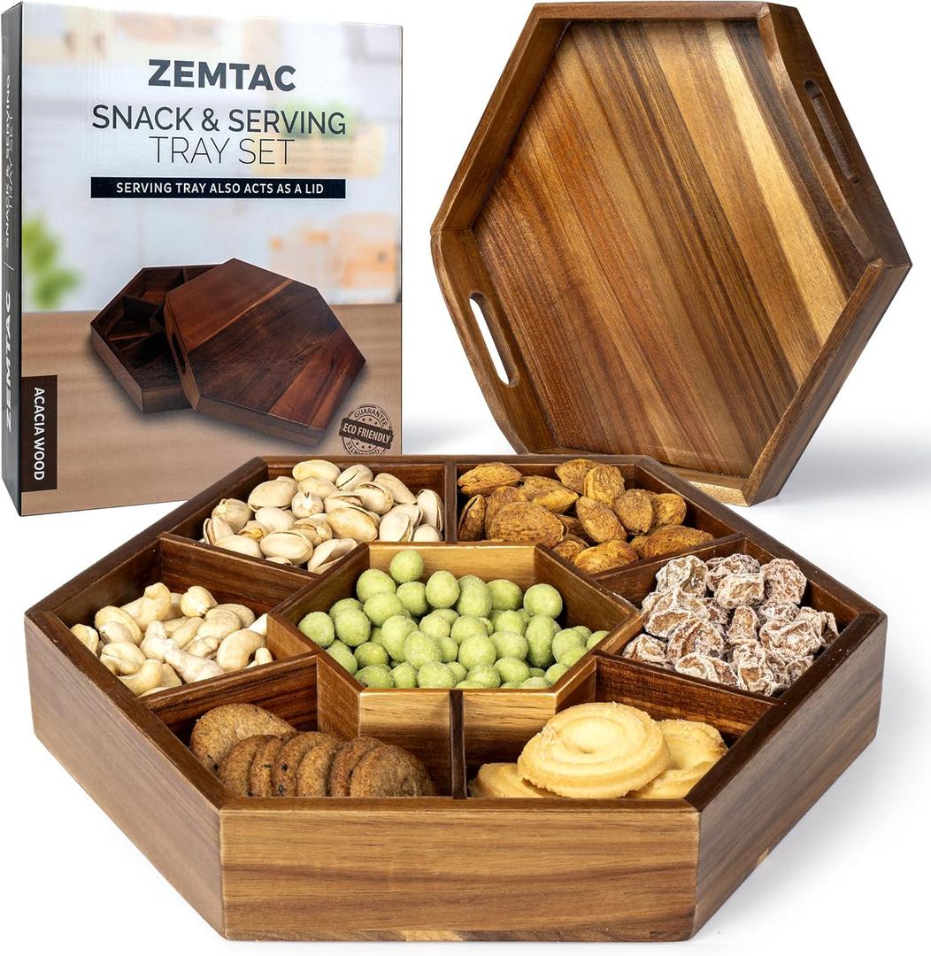 Snack Tray with Lid That Doubles as a Serving Tray - 13"x11" Acacia Wood Decorative Tray with 7 Compartments for Dry Fruits & Nuts, Hexagon Coffee Table or Ottoman Tray with Handles for Living Room