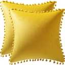 DEZENE Couch Pillow Covers 16x16 Yellow: 2 Pack Cozy Soft Pom-poms Velvet Square Throw Pillow Cases for Farmhouse Home Decor